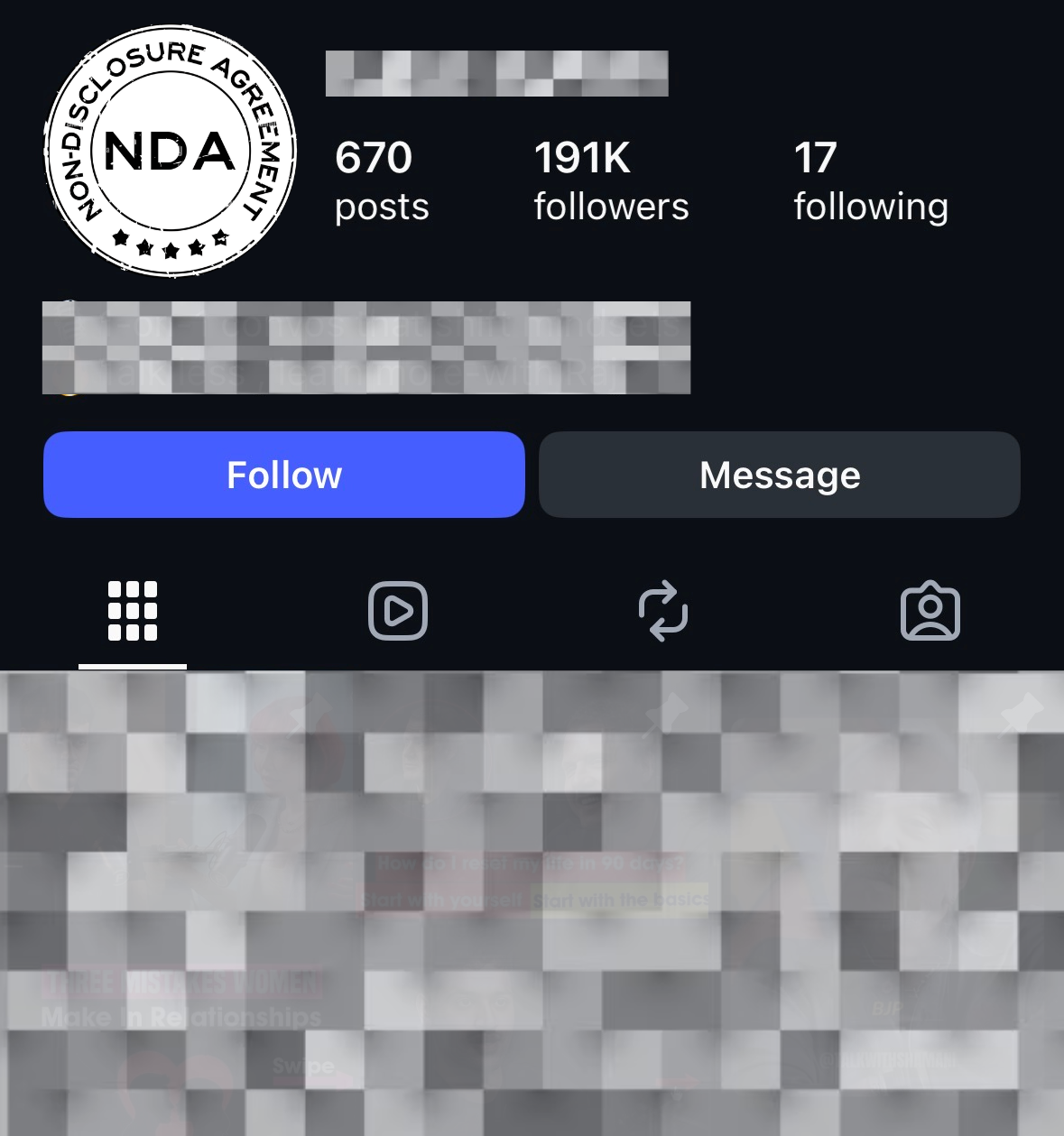 Blurred Instagram profile of a page we operate, under NDA