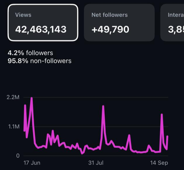 Analytics screenshot — Page one — 42,463,143 views ( Instagram )